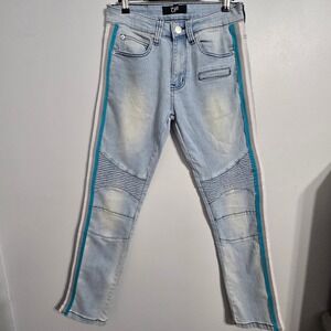 B#42 Men's Light Wash Moto Jeans Blue Stripe Trim Slim Fit Pants Size 29/30
